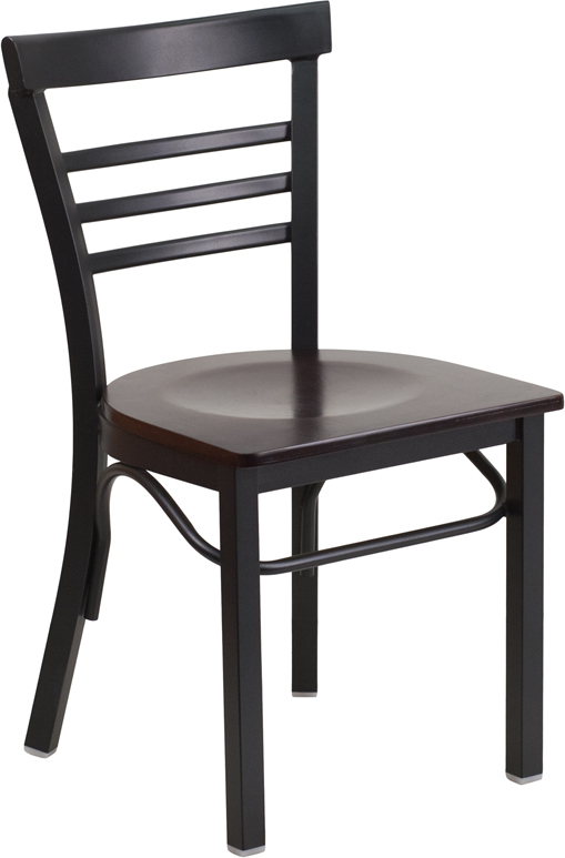 Black Ladder Back Metal Restaurant Chair with Walnut Wood Seat