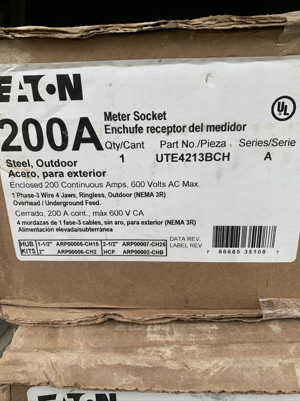 Eaton/Cutler-Hammer UTE4213BCH 200A, 600VAC, 1P3W, 4Jaw, Outdoor Meter Socket