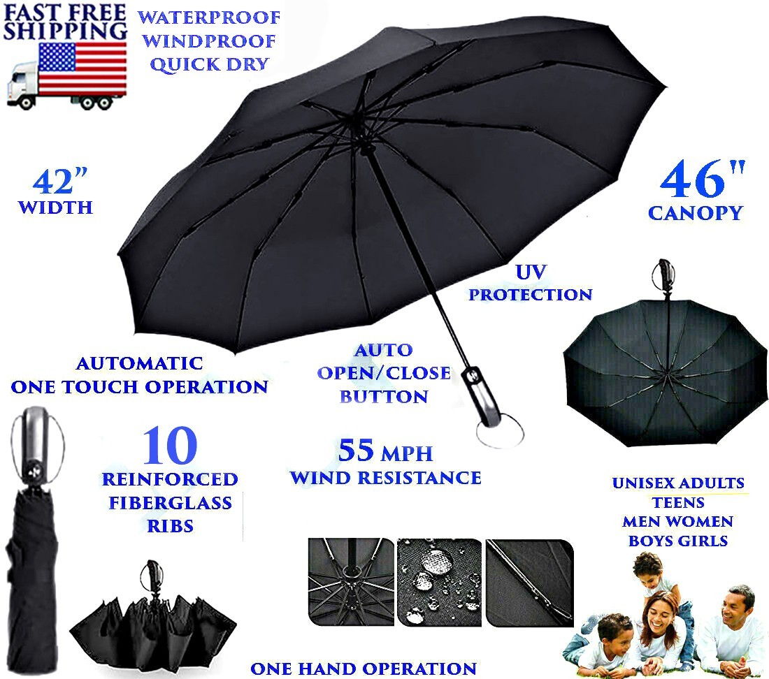 10 RIBS AUTO OPEN CLOSE UMBRELLA LARGE WATERPROOF FOLDABLE HEAVT DUTY BLACK NEW