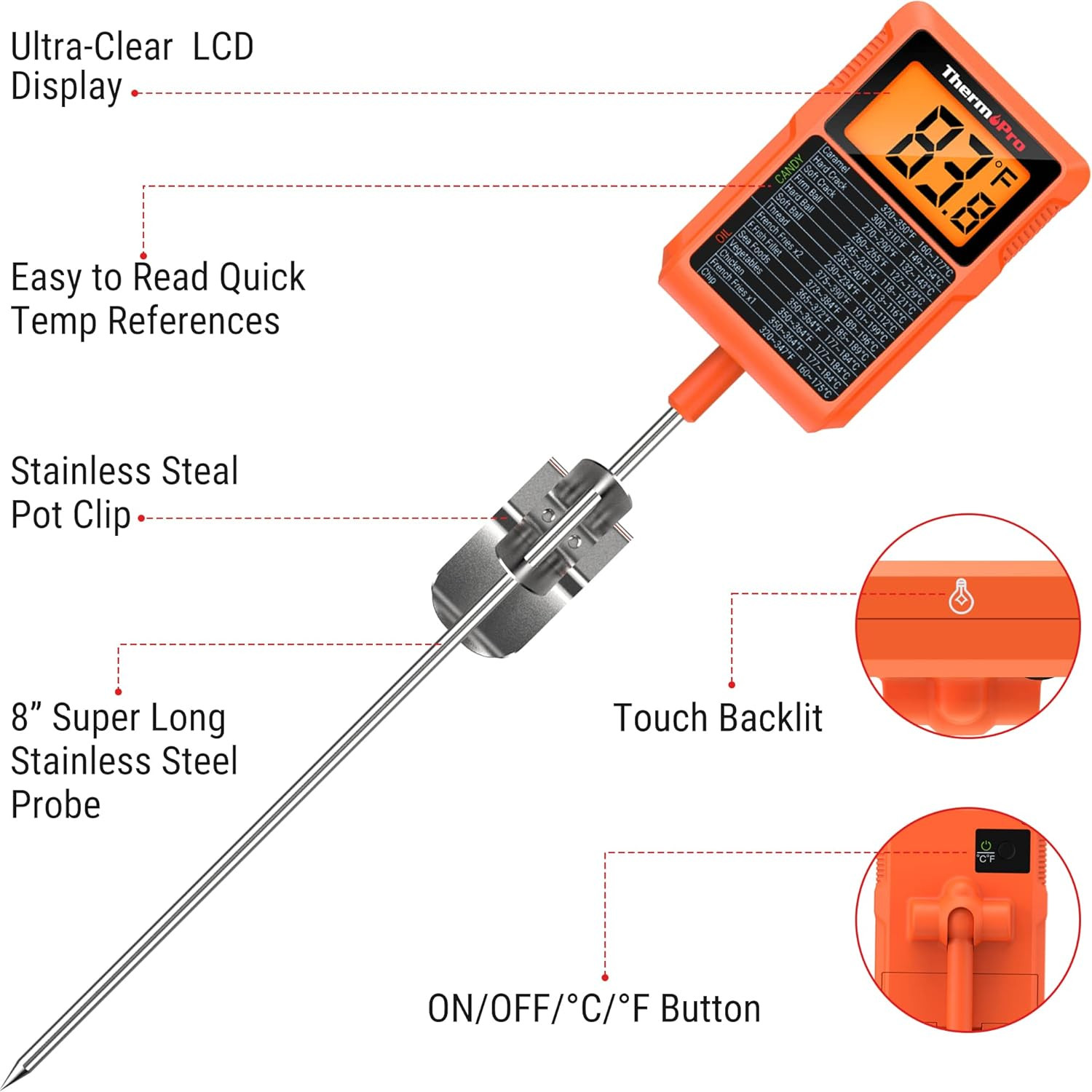 TP510 Waterproof Digital Candy Thermometer with Pot Clip, 8" Long Probe Insta...