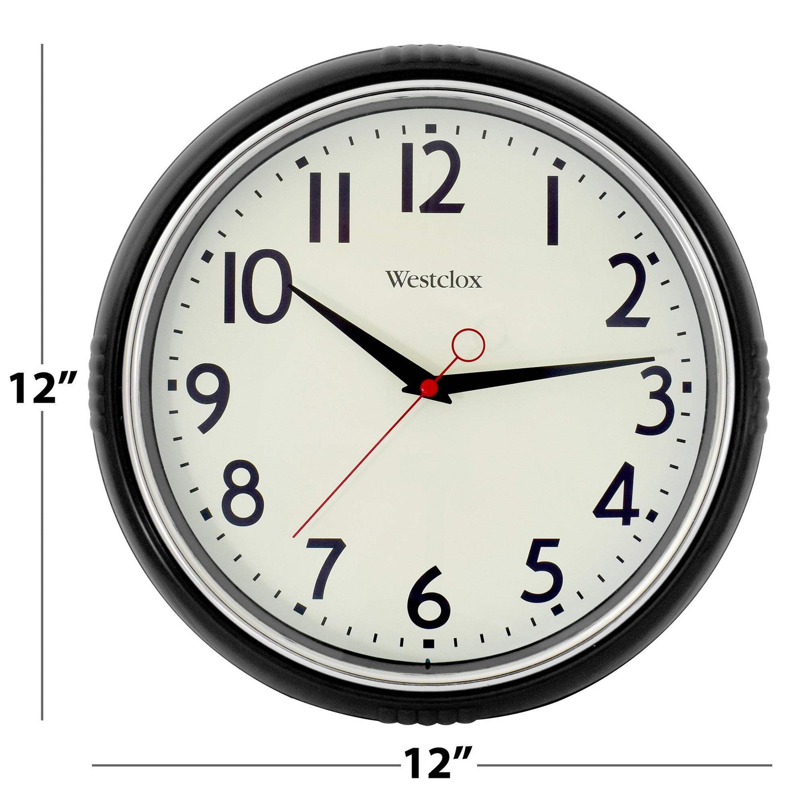 Westclox 12" Black Retro Wall Clock – Gloss Finish with Chrome Bezel
