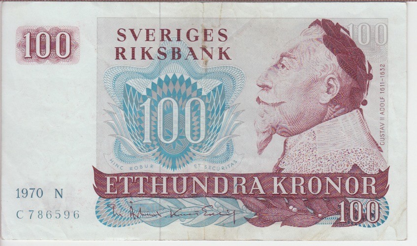 SWEDEN BANKNOTE P.54a-6596 100 KRONOR 1970 N  VF