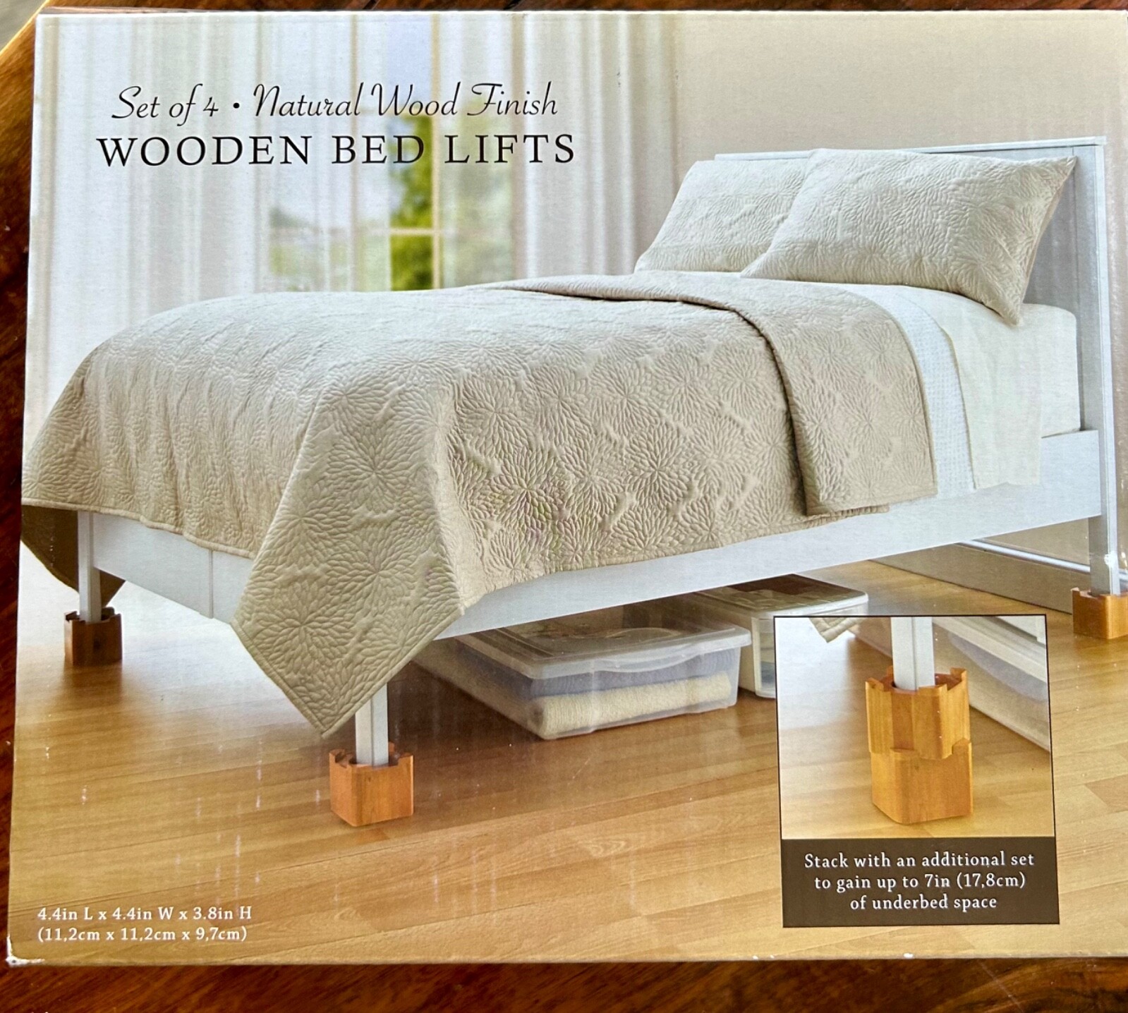 NIB Wooden Bed Lifts / Risers natural wood finish, set of 4, gain up to 7" space