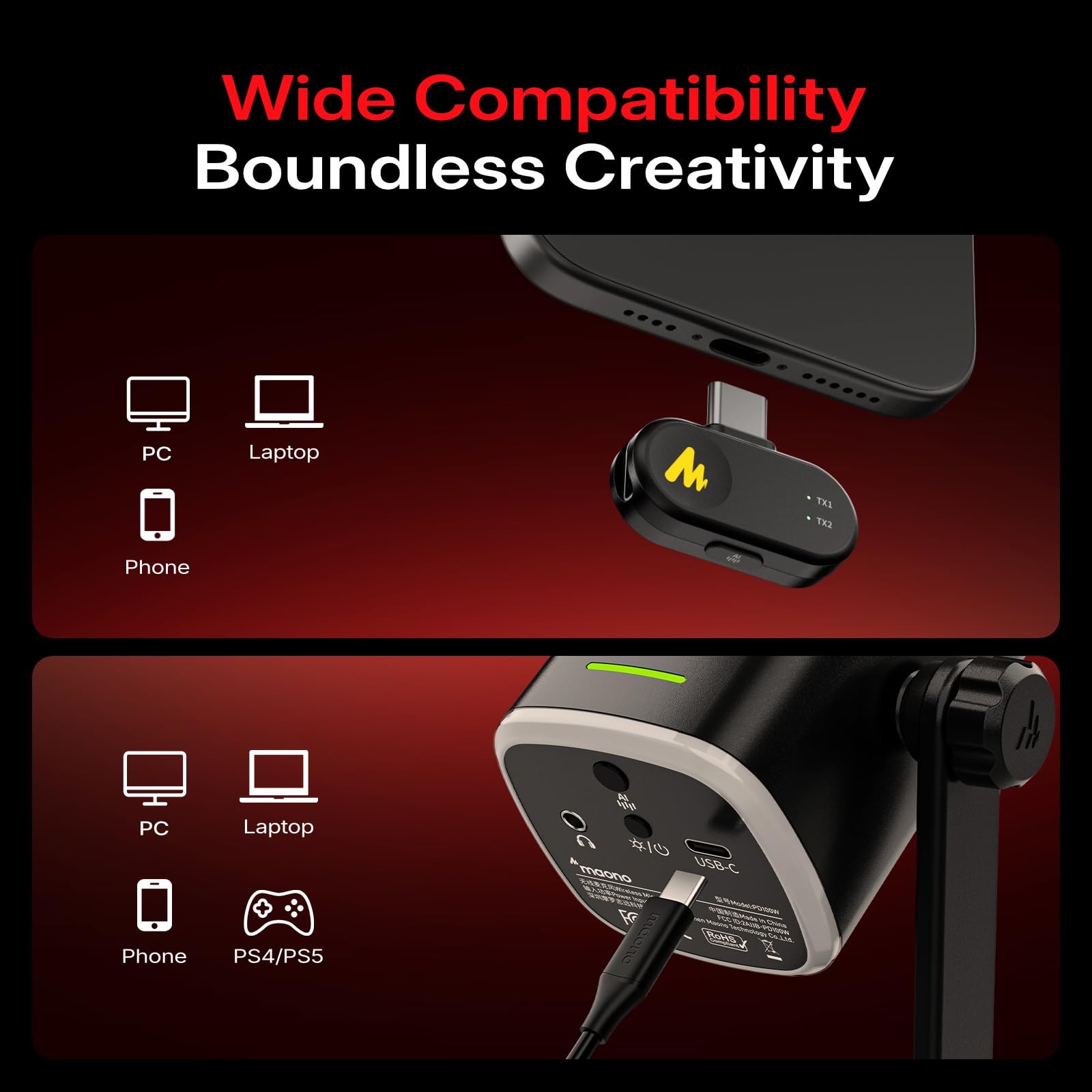 MAONO PD100WS Wireless Gaming Microphone for PC, USB-C Receiver, Black
