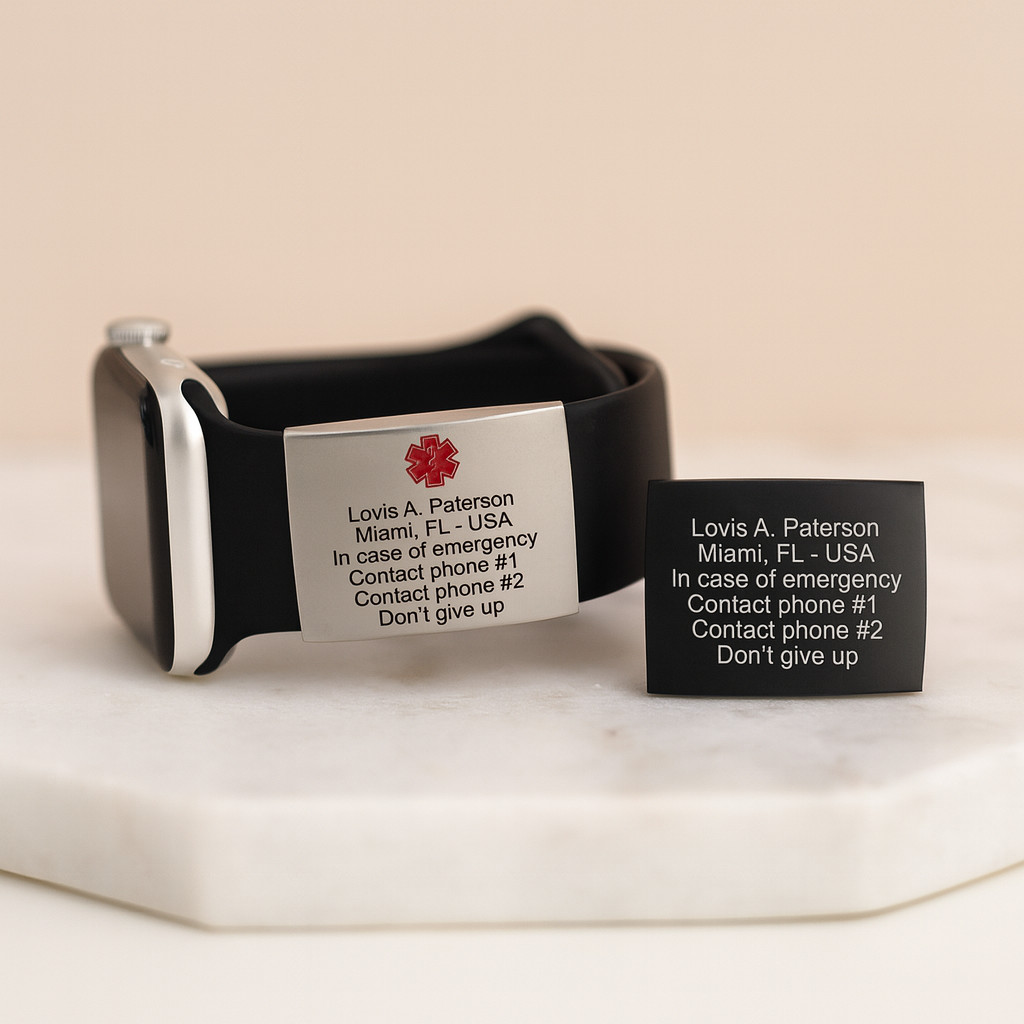 Medical Smartwatch Alert ID tag for watch band engraved apple watch safety plate