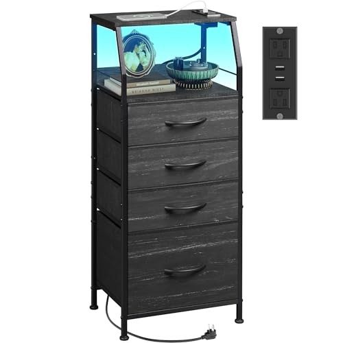 Nightstand with Charging Station, Black 1 Charcoal Black Wood Grain Print