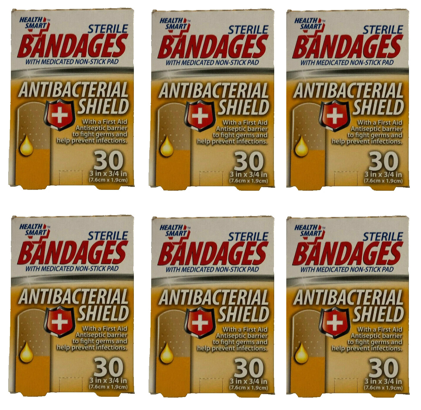 Lot 6 Box Anti-Bacterial Antiseptic Shield Pad Bandages 180 Count First Aid 3"