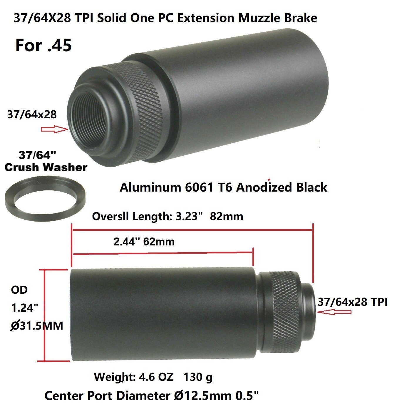 .578-28 (37/64x28) TPI One PC Solid Extension Muzzle Brake Compensator .45 ACP
