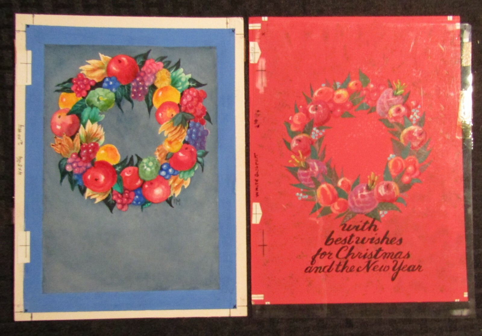 CHRISTMAS WISHES NEW YEAR Wreaths with Fruit 7x9.5" Greeting Card Art LOT of 2
