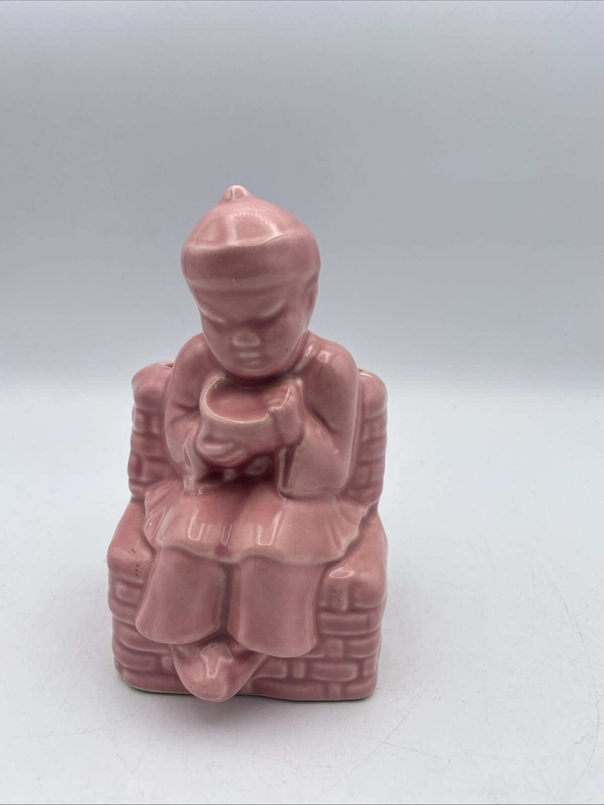 CHINESE BOY w/ RICE BOWL PINK PLANTER FAPCO Fredericksburg pottery 1950's