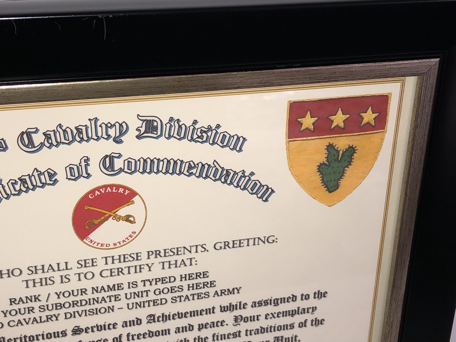 23RD CAVALRY DIVISION / COMMEMORATIVE - CERTIFICATE OF COMMENDATION