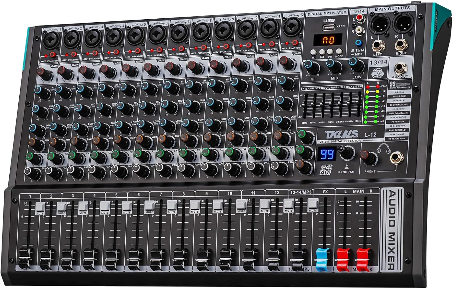 DJ Mixer,  Professional 12 Channel Audio Mixer Board with 99-Bit DSP, Sound Boar
