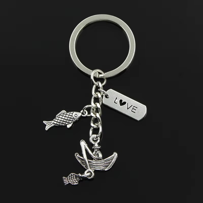 Fashion 30mm Keychain Jewelry Silver Color Fisherman Boat Love Fishing Pendant