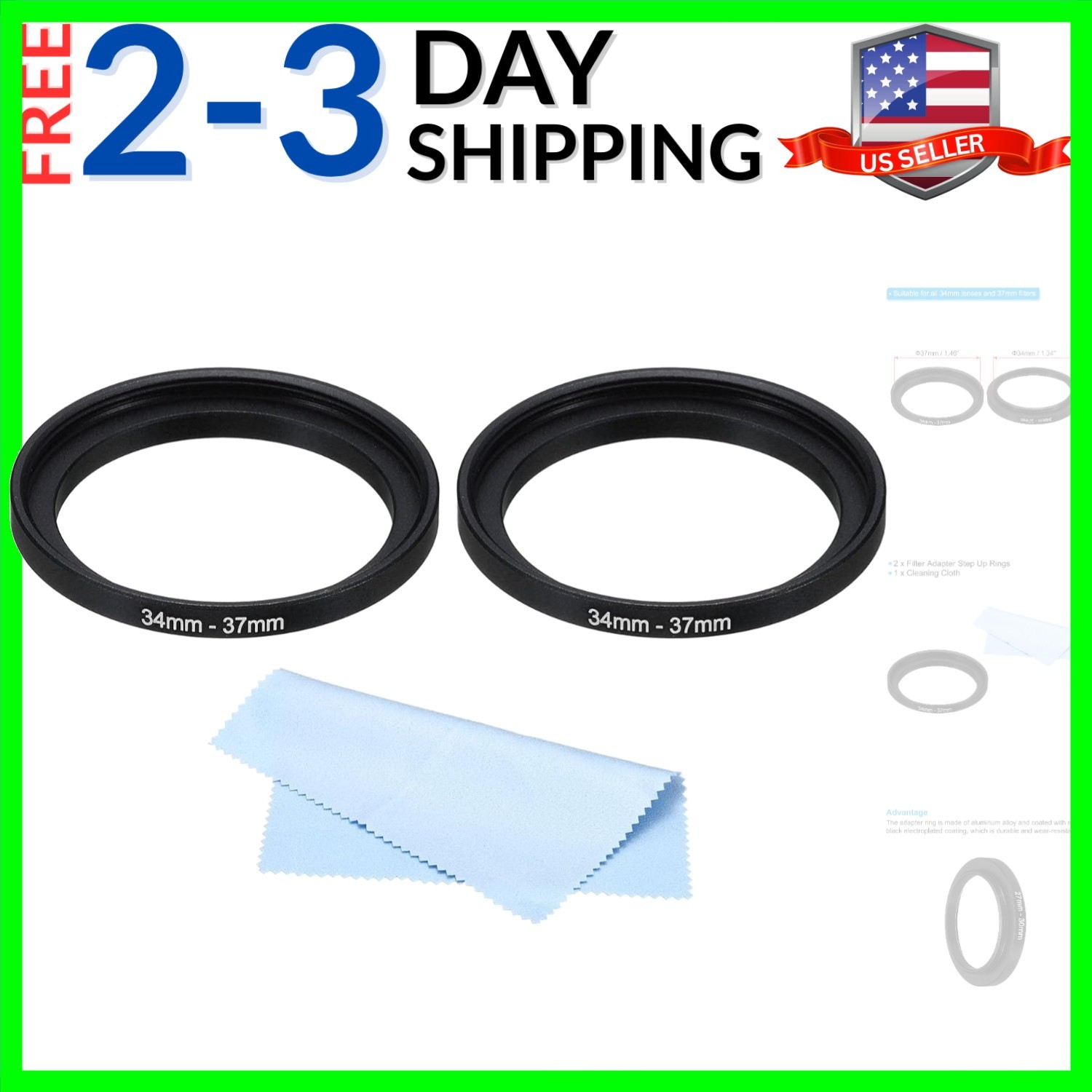 34mm-37mm Metal Step Up Ring with Cleaning Cloth, 2 Pack Camera Lens Filter A...