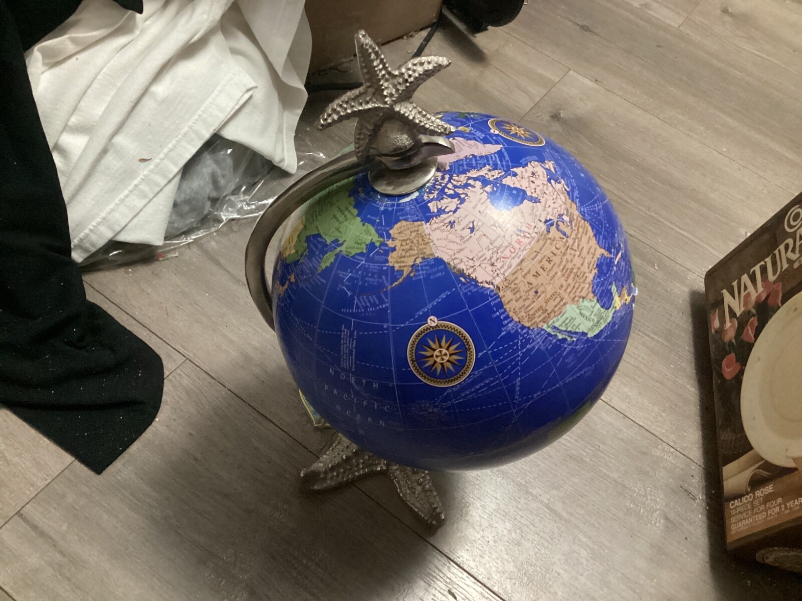 PASSPORT INDIA~WORLD GLOBE~COBALT BLUE~ 14”~STARFISH STAND & TOP