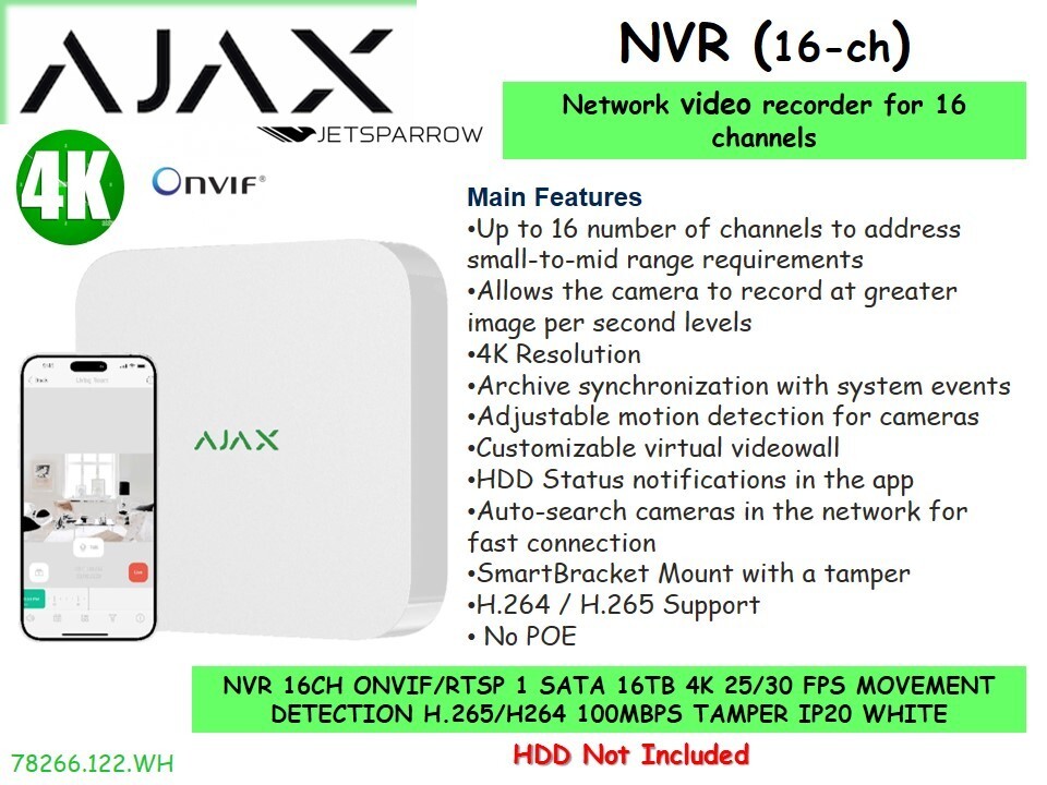 AJAX 16-Channel NVR, 4K Resolution, ONVIF (Profile S/T) White (NO HDD)