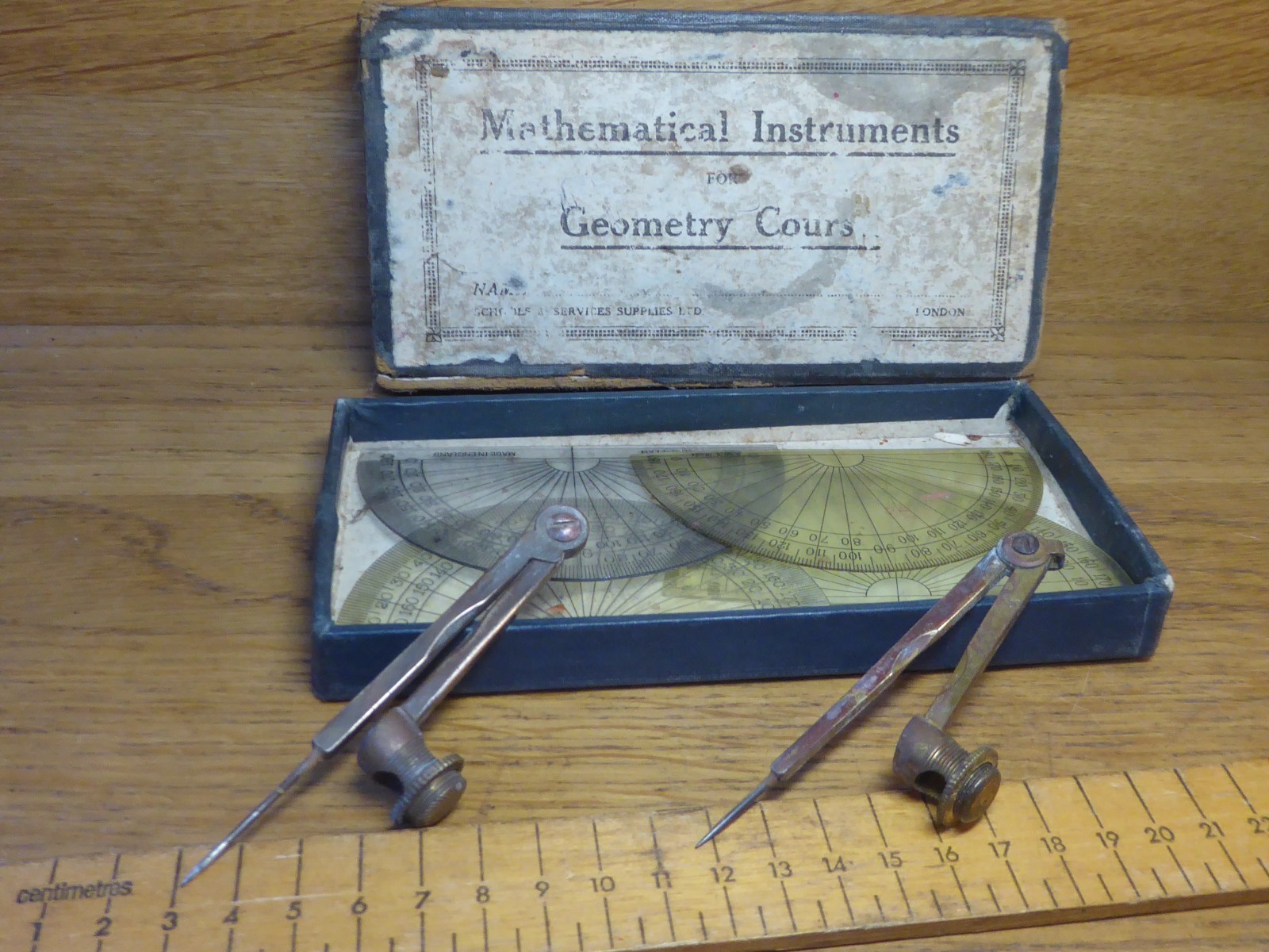 Vintage Brass Helix Compass and other in Schools Services Supplies Ltd Maths set
