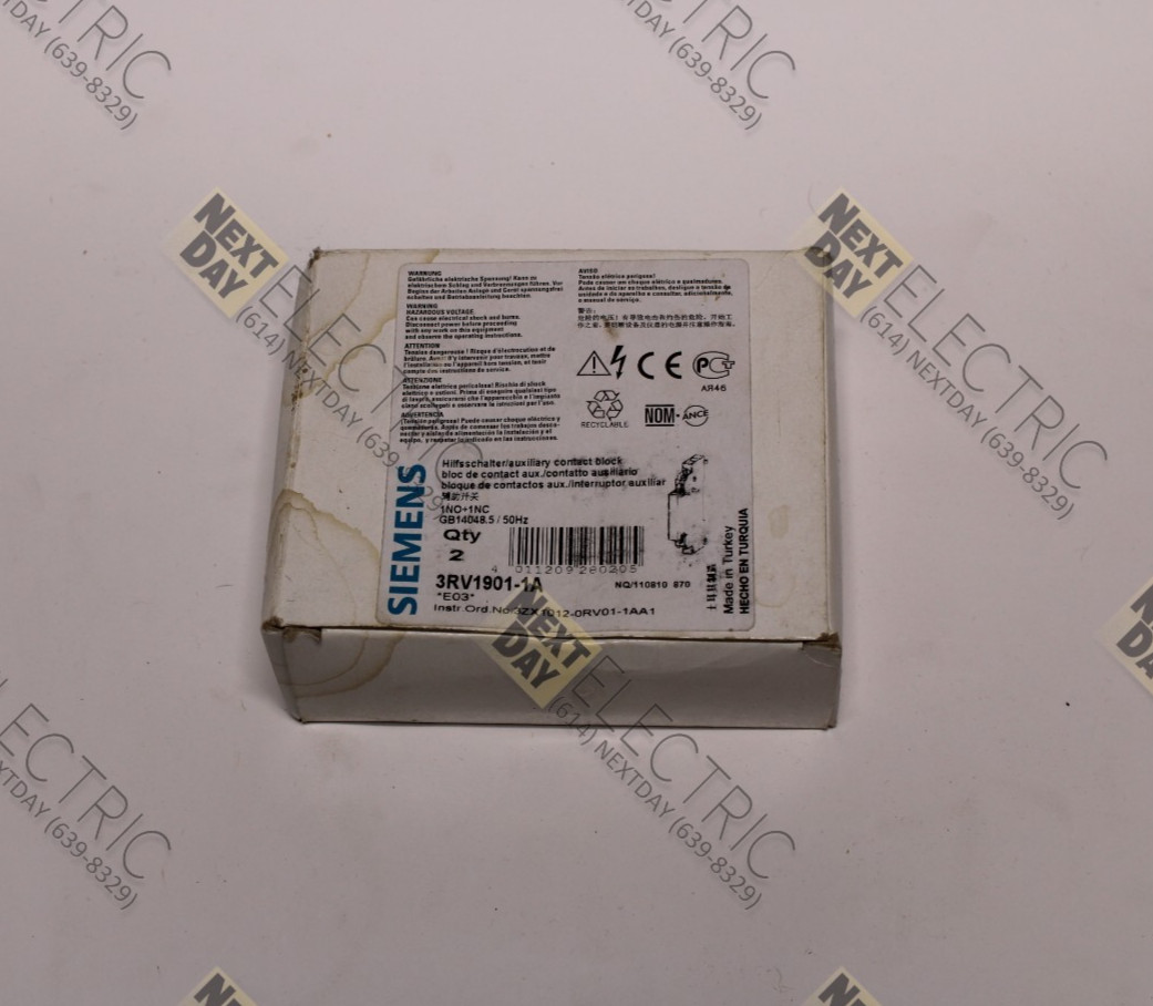 Siemens, 3RV1901-1A, Auxiliary Contact Block Starter Contactor Switch Aux