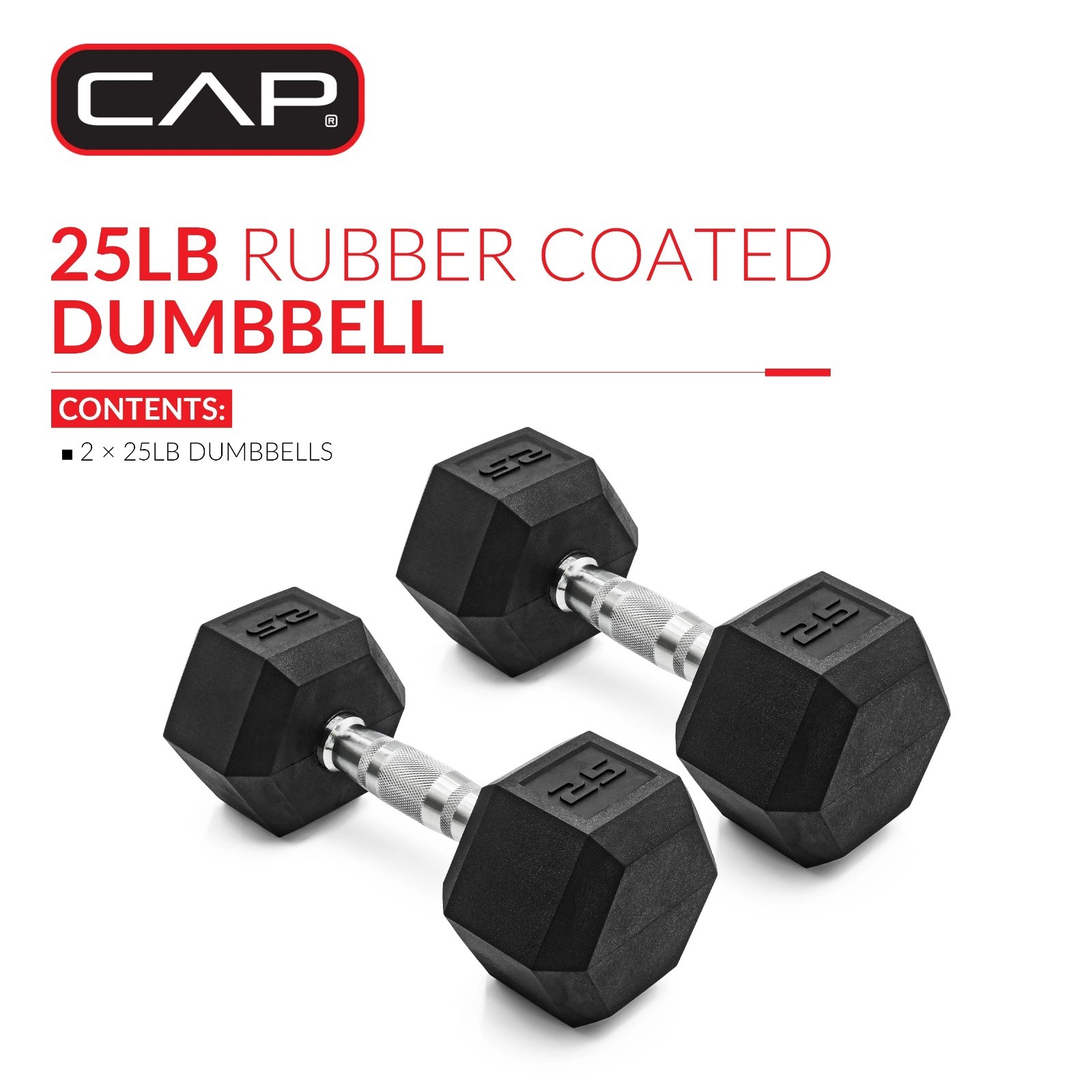 CAP Barbell, 25lb Coated Rubber Hex Dumbbell, Pair