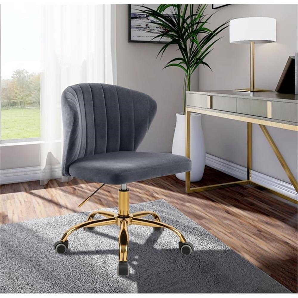 Meridian Furniture Finley Swivel Adjustable Gray Velvet and Gold Office Chair
