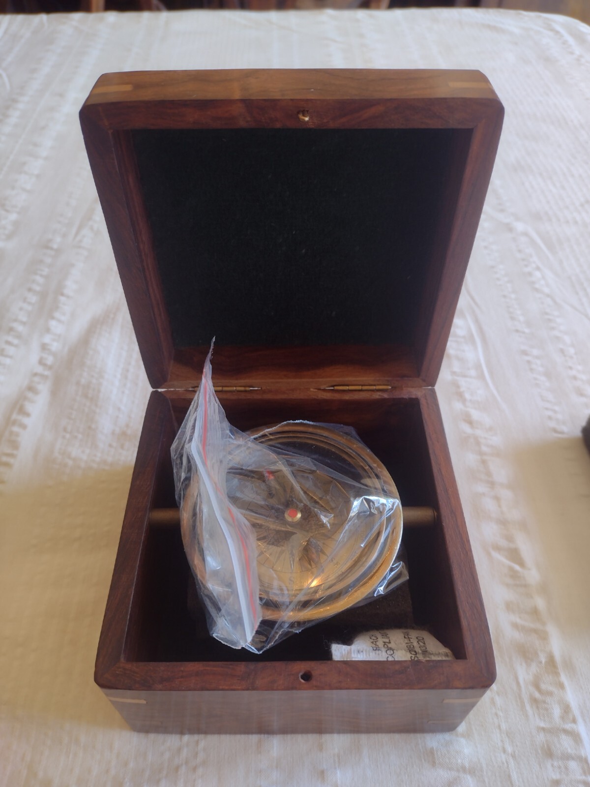 Wood Hinged Box With Compass Inside 4.75" X 4.75" X 3.25"
