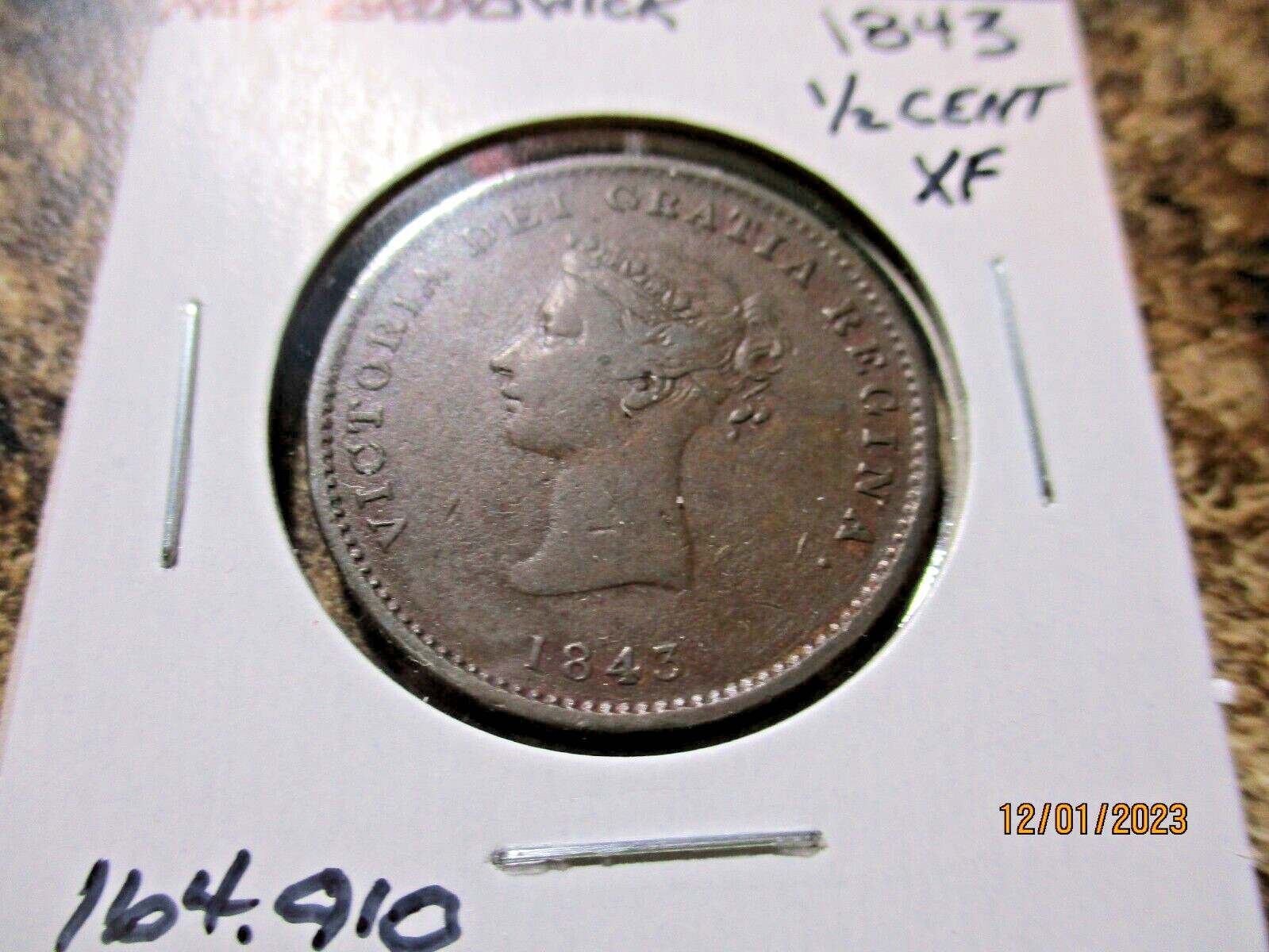 1843 NEW BRUNSWICK 1/2 CENT XF 164.910    SD