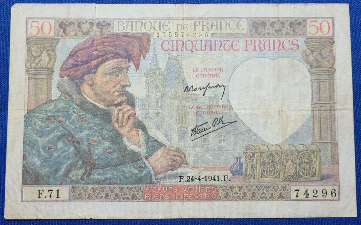 1941 France 50 Francs Banknote (Jacques Coeur)