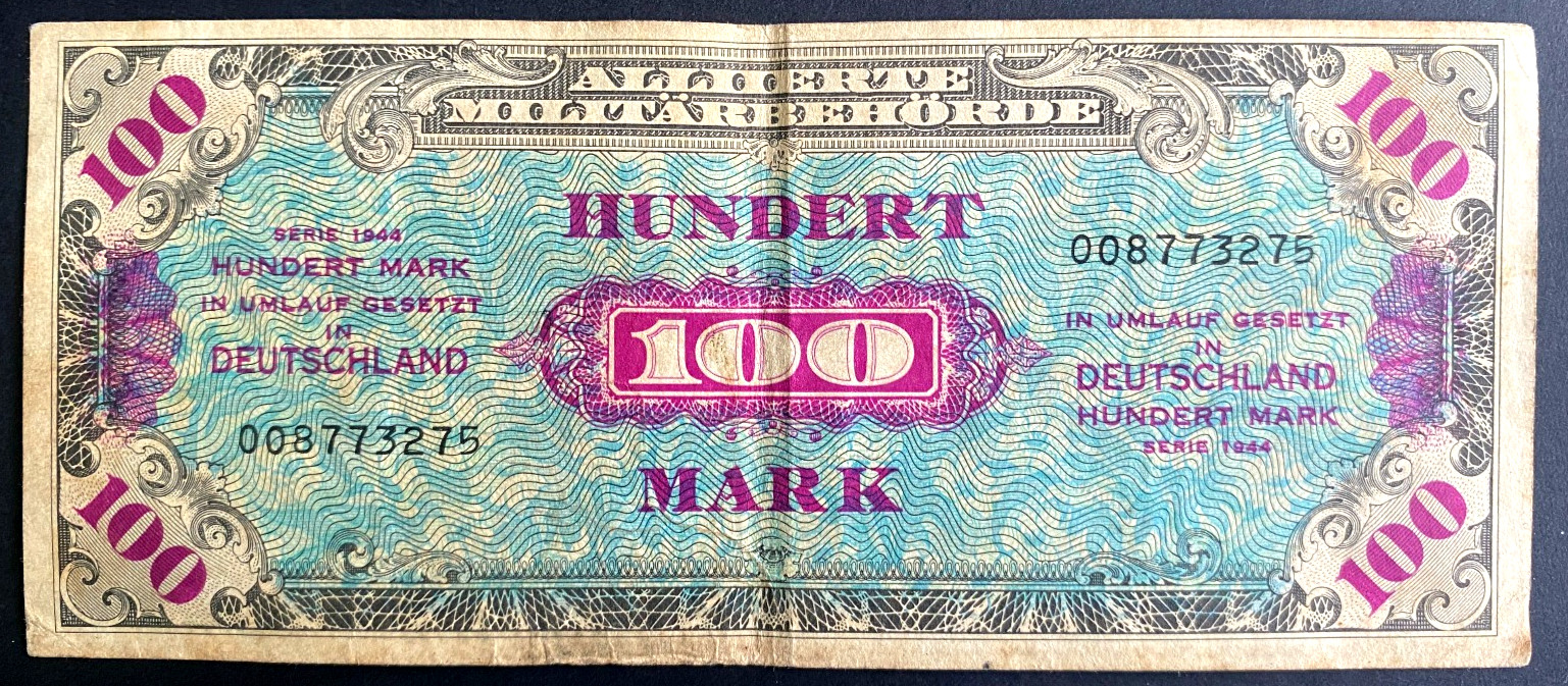 1944 WWII Germany Allied Occupation Military Currency 100 Mark Banknote Fine