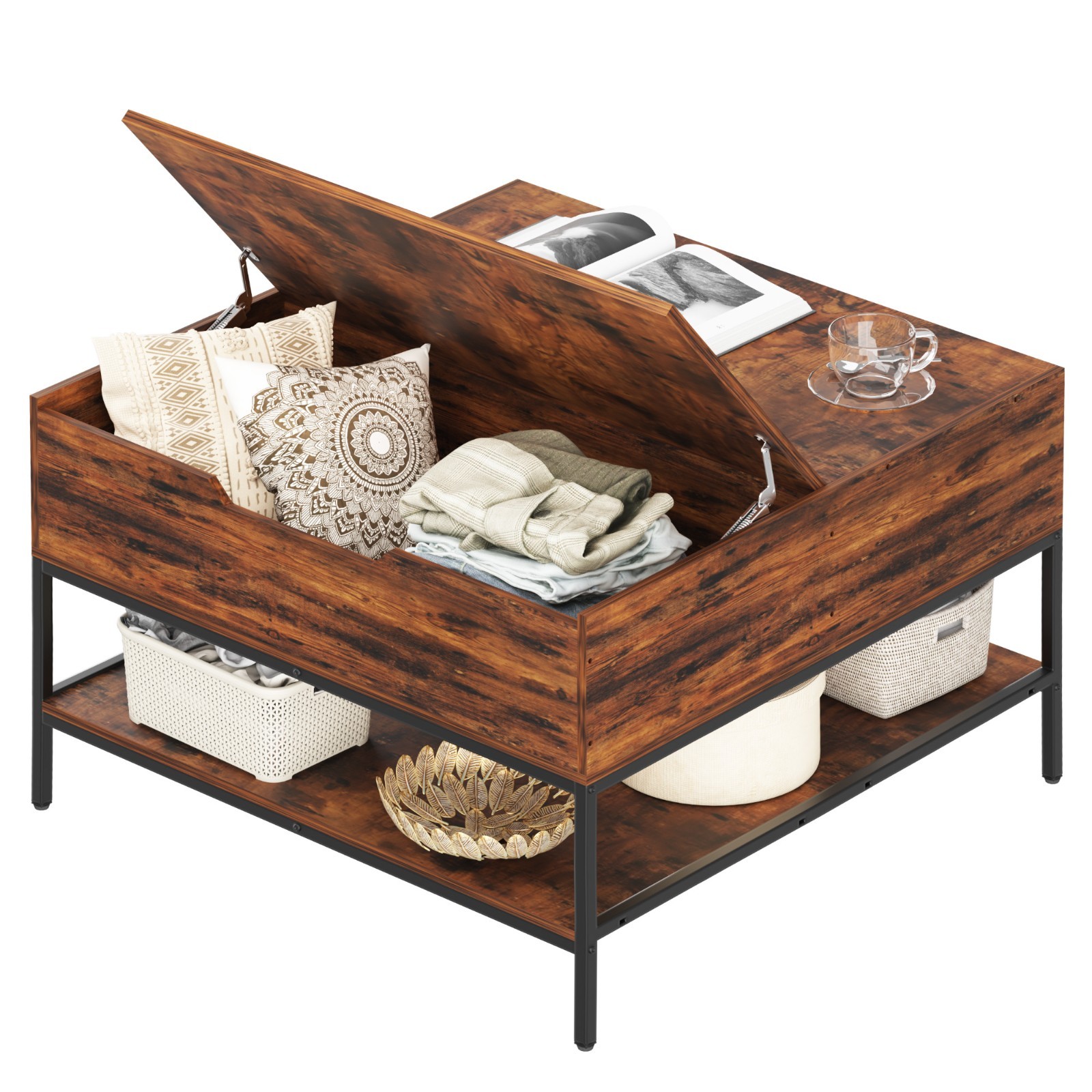 Dark Walnut Lift-Top Coffee Table 31.5" Hidden Storage Black Metal