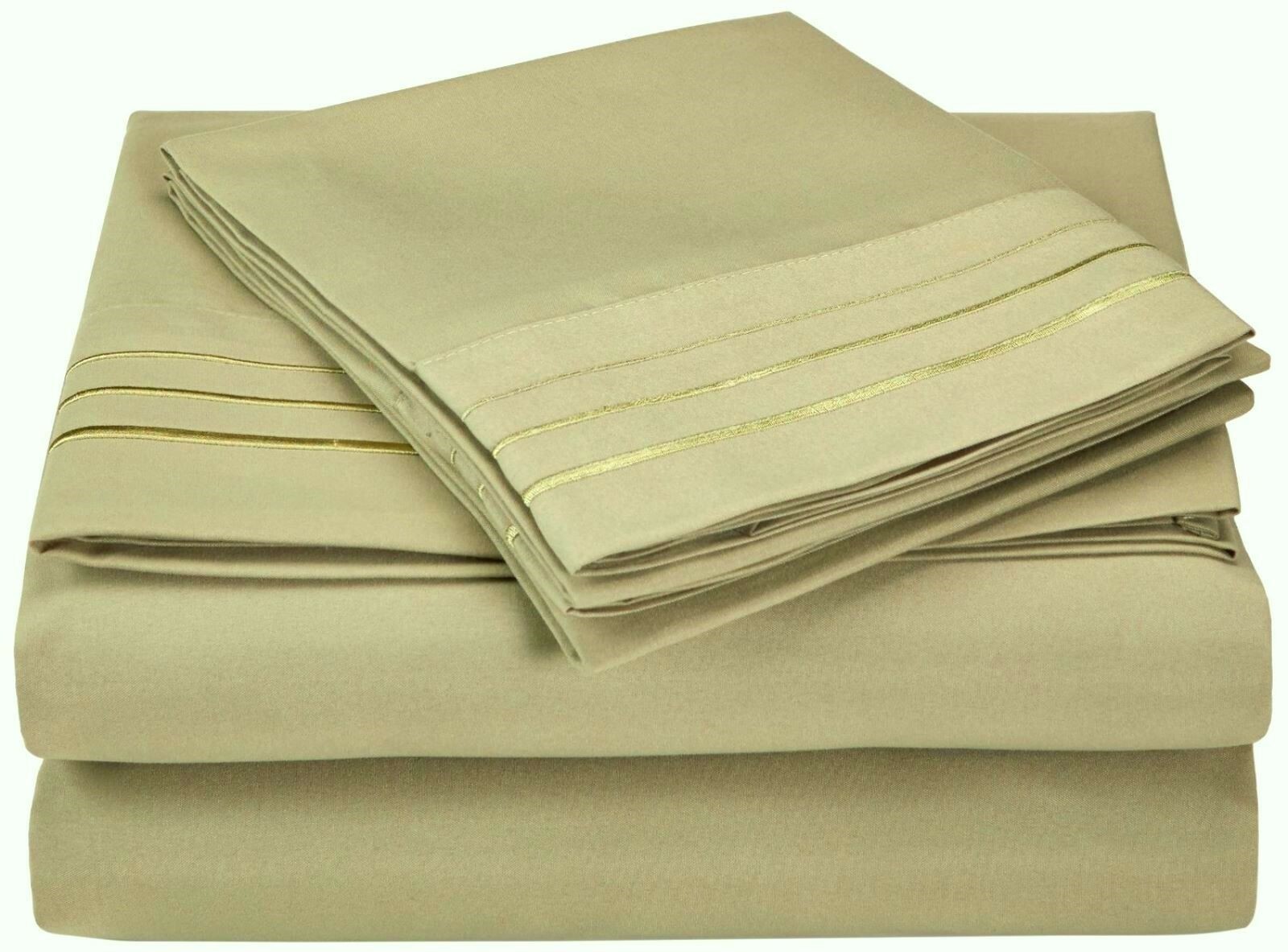 Luxor Treasures Microfiber Sheet Set 3 Line Embroidery ~ Twin ~ Khaki **NEW**