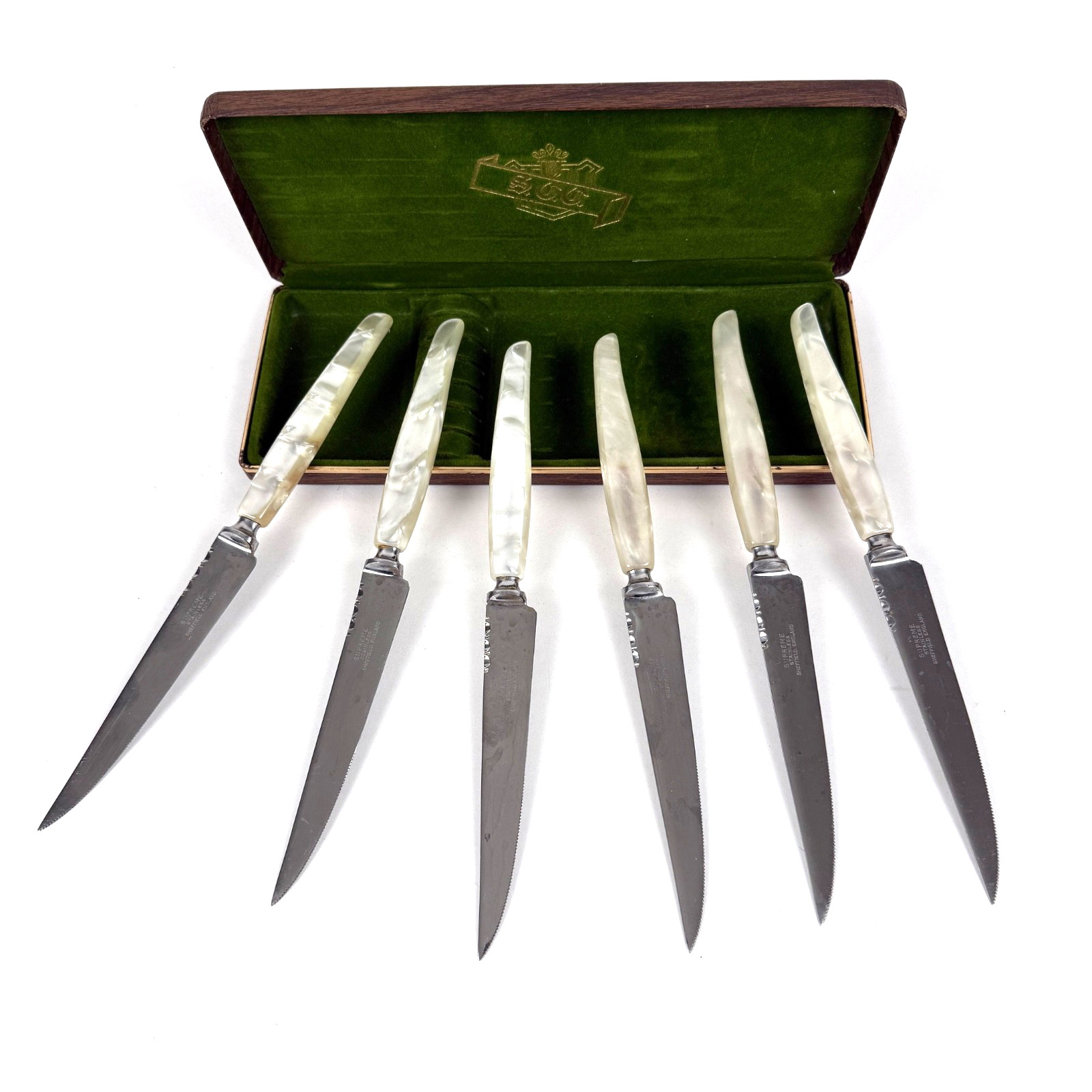 Sheffield Set of 6 Supreme Stainless Knives Faux Mother of Pearl Handle Vintage