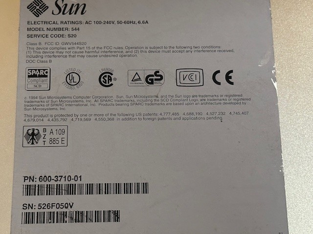 SUN Microsystems SPARCstation 20 Model 544 PN 600-3710-01 READ DESCRIPTION