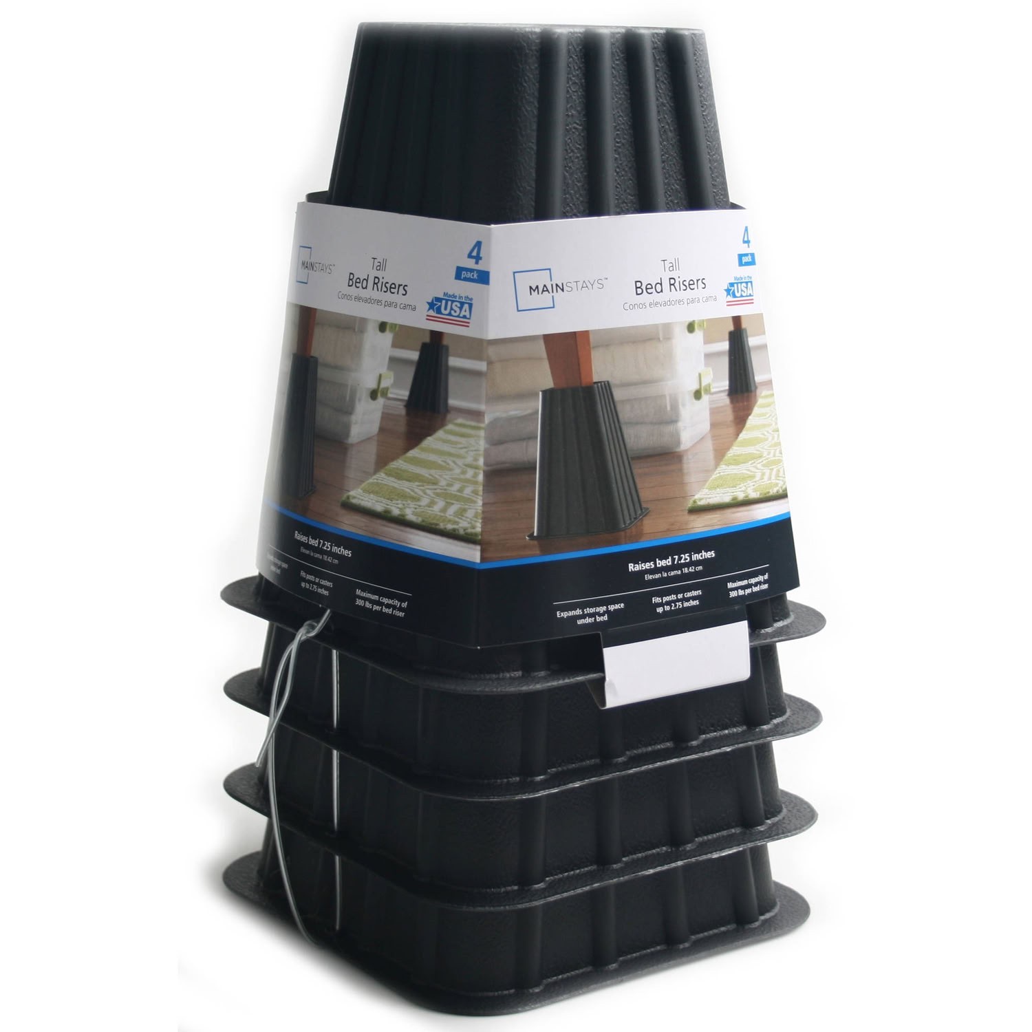 Mainstays 4-Pack Black Plastic Tall Bed Risers Under Bed Storage Organizer