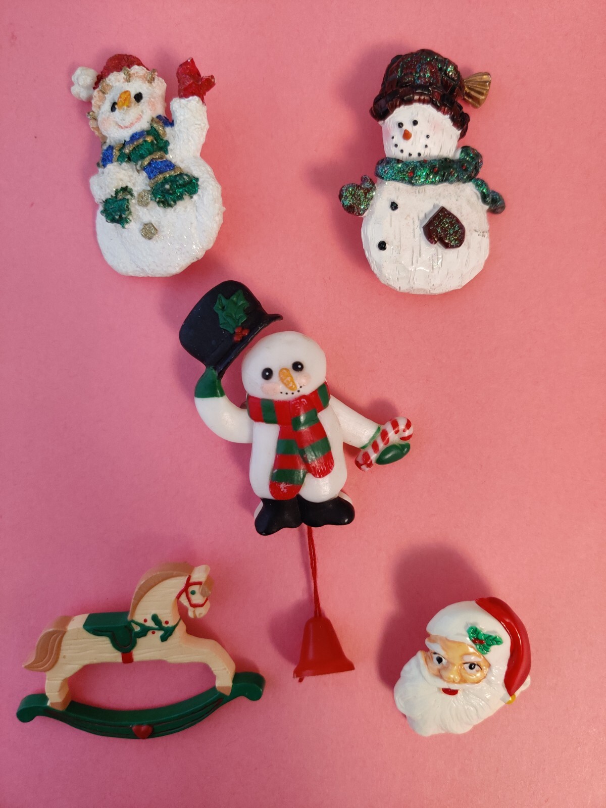 Christmas Pin Brooch Lot 3  Snowmen (one moves!)Rocking Horse, Santa