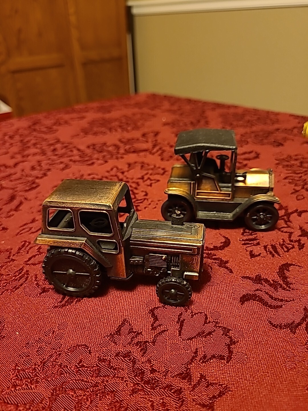 Set Of 2 Die Cast/Plastic Pencil Sharpeners Tractor & 1917 Car Antique Bronze