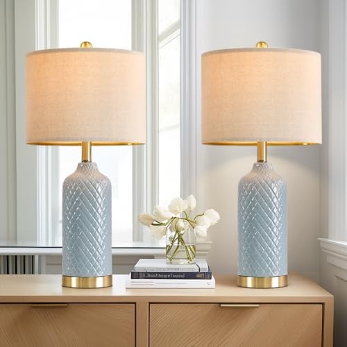 24.25" Modern Ceramic Table Lamps Set of 2 for Living Room, Farmhouse, Blue