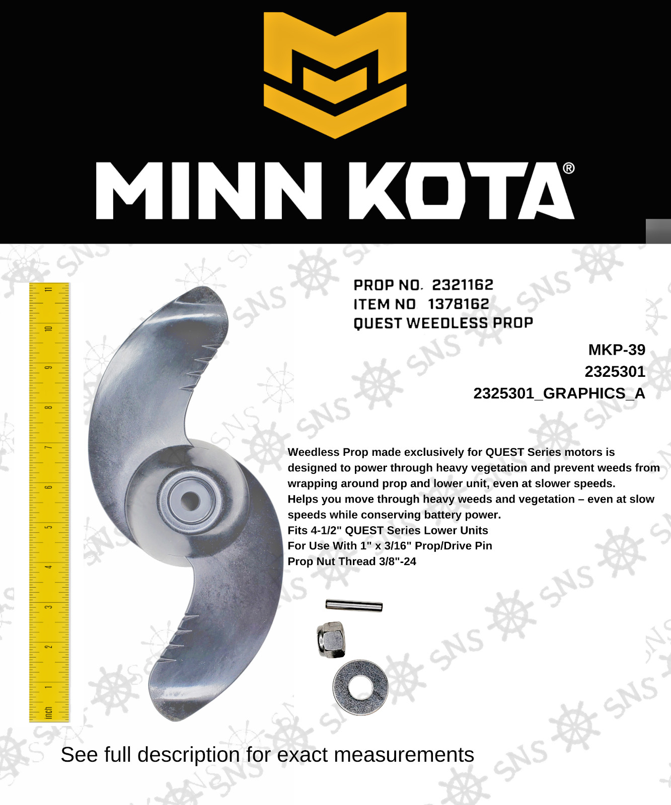 MINN KOTA PROPELLER MKP-39 2321162 1378162, 1865039 4 1/2" QUEST MODELS WEEDLESS