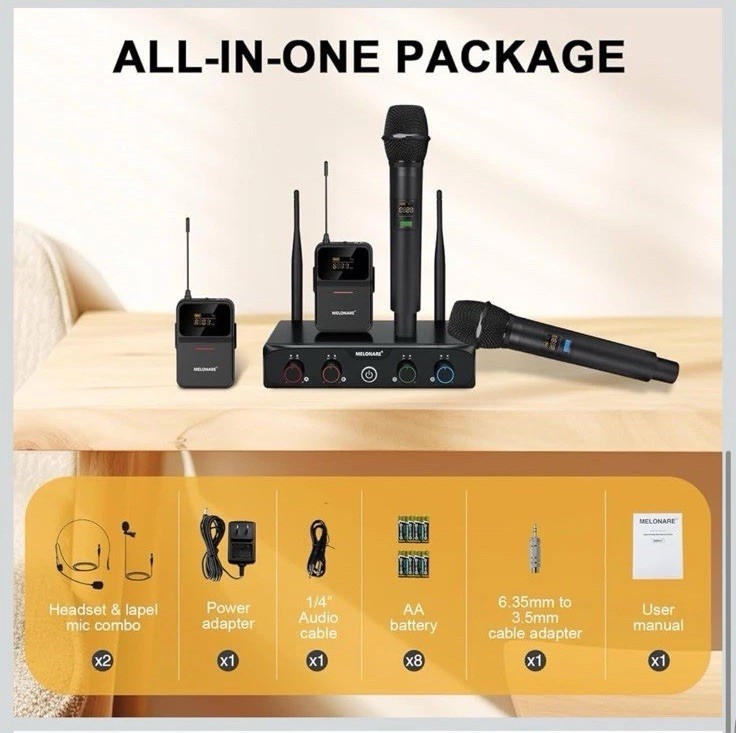 4-Channel Wireless Microphone System UHF Cordless 2 Handheld 2 Bodypack Mics