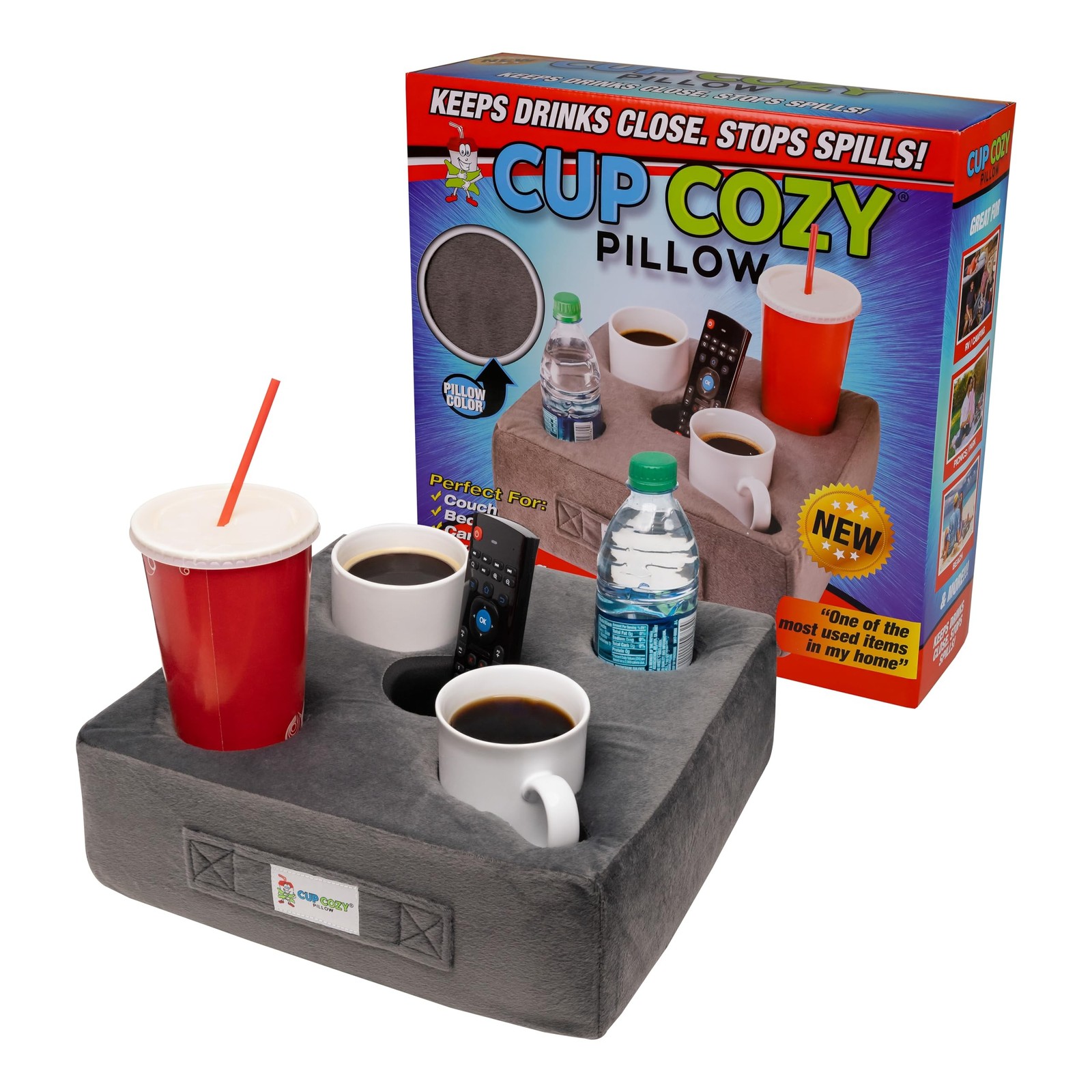 Cup Cozy Deluxe Pillow (Gray) *As Seen on TV* -The World's Best Couch Cup Hol...