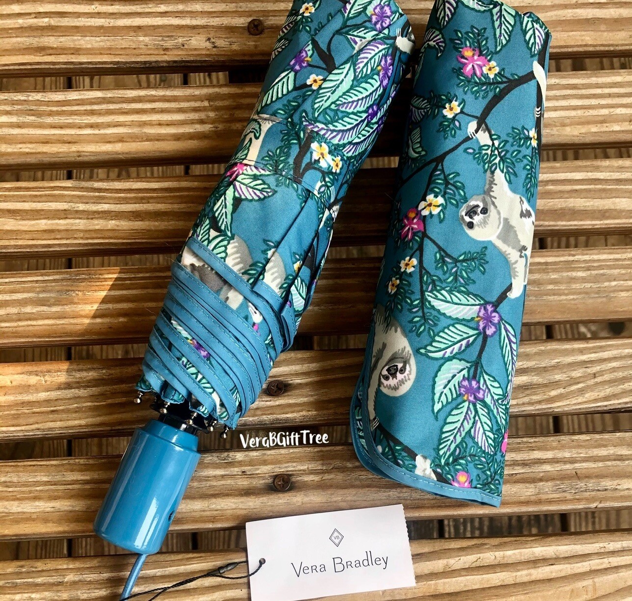 Vera Bradley Automatic Umbrella HANGING AROUND SLOTH TEAL Floral RARE NWT SEALED