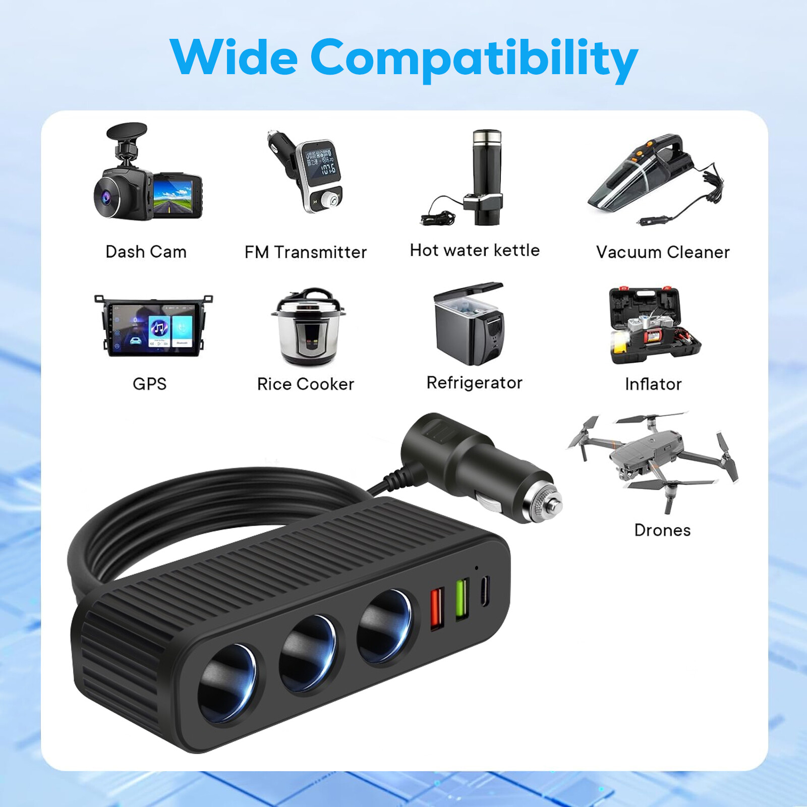 3Way Car Cigarette Lighter Socket Splitter Dual USB PD Charger Power Adapter 12V