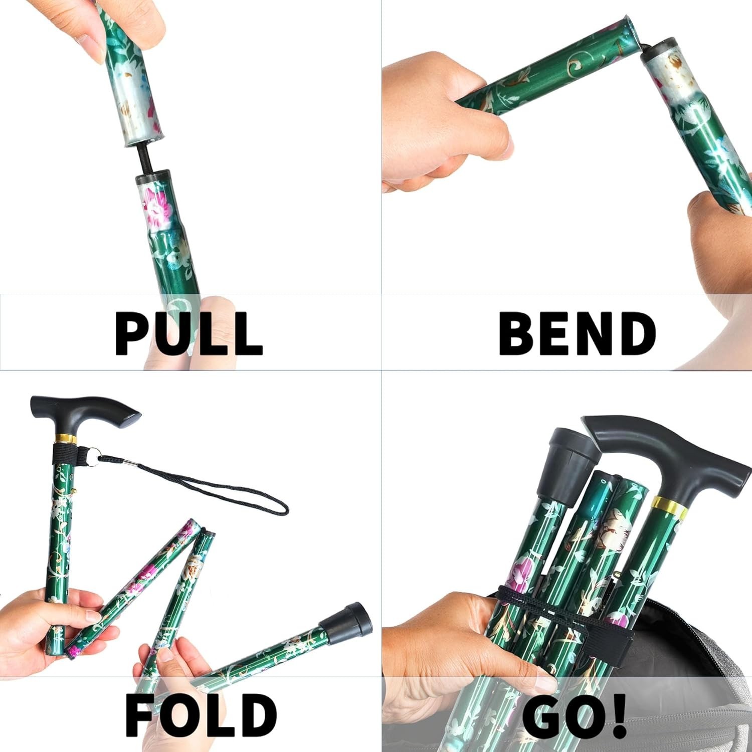 Compact Folding Cane with Ergonomic Grip - Lightweight 5-Level Adjustable Height