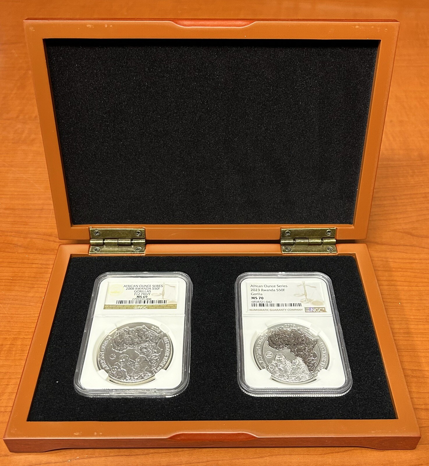 2008 MS69 F12 PRIVY & 2023 MS70 1 oz Silver African GORILLA 15th ANNIVERSARY SET