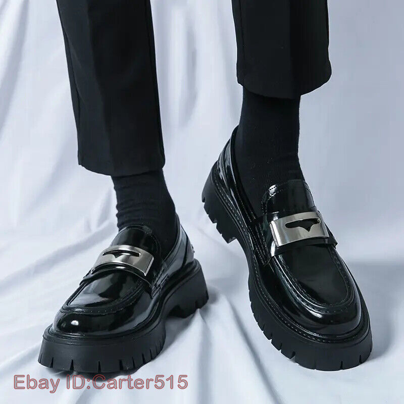Men Patent Leather Square Toe Formal Dress Shoes Slip On Platform Loafers Shoes