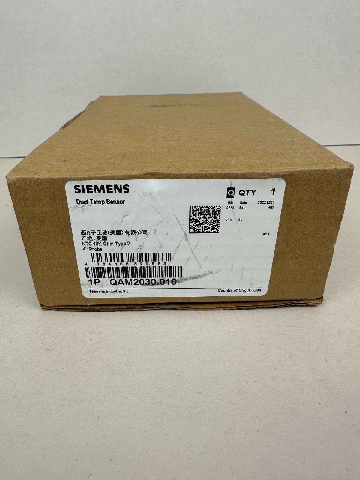 New Siemens QAM2030.010 Duct Temp Sensor NTC 10K Type 2 4" Probe