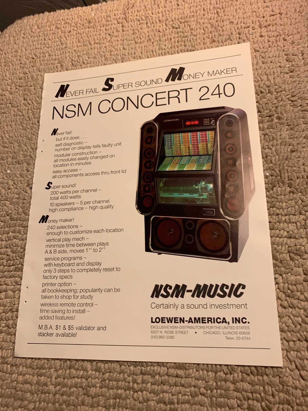 11- 8 1/4” NSM Jukebox Concert 240 1986 arcade game AD FLYER