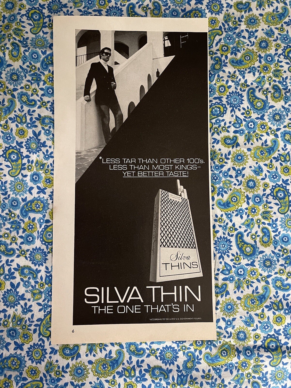 Vintage 1970 Silva Thins Cigarettes Print Ad Man Outside Leaning Near Staircase