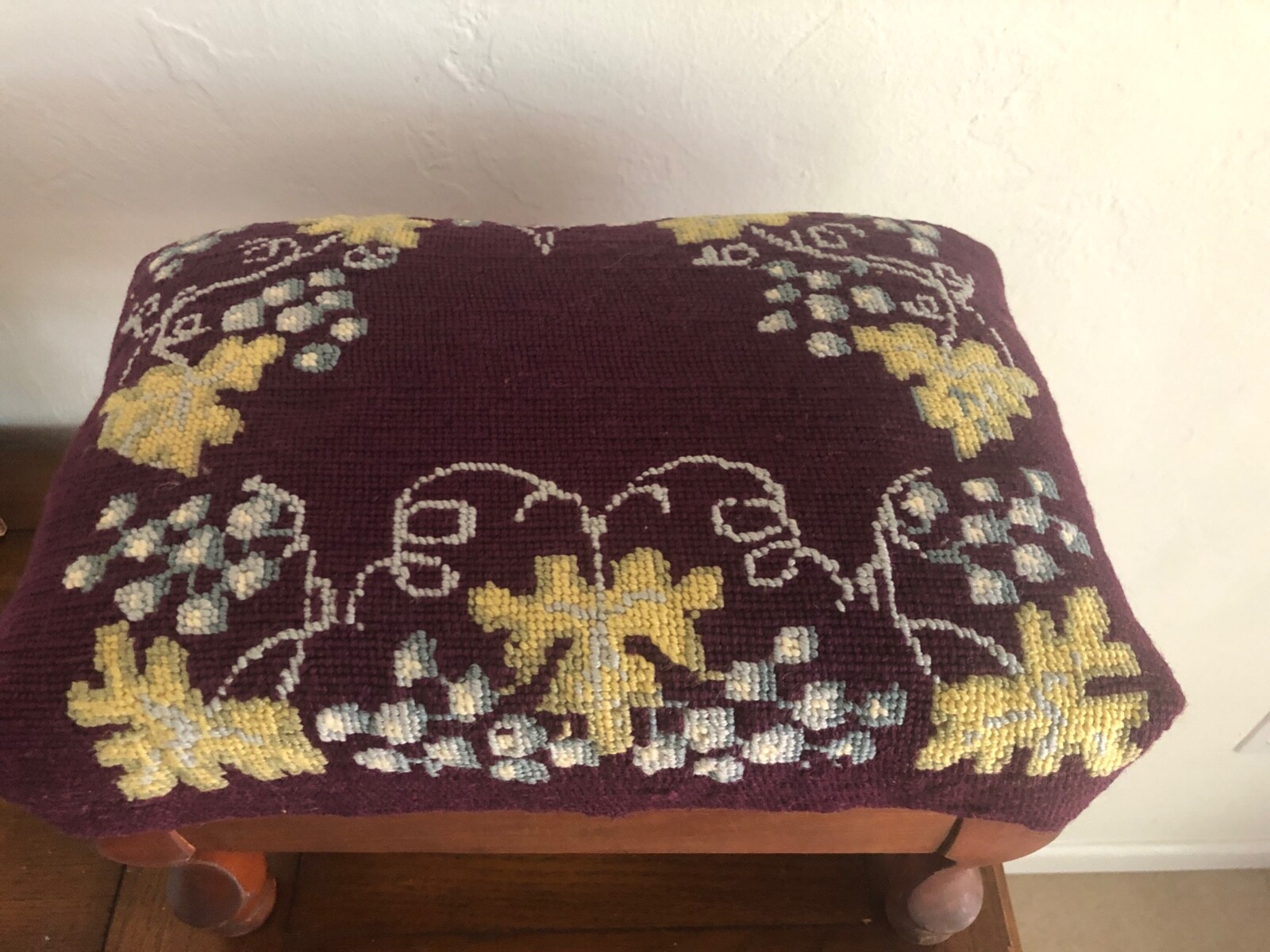 Antique Foot Stool Needlepoint Grapes & Leaf on Plum Background Wool 10" Tall