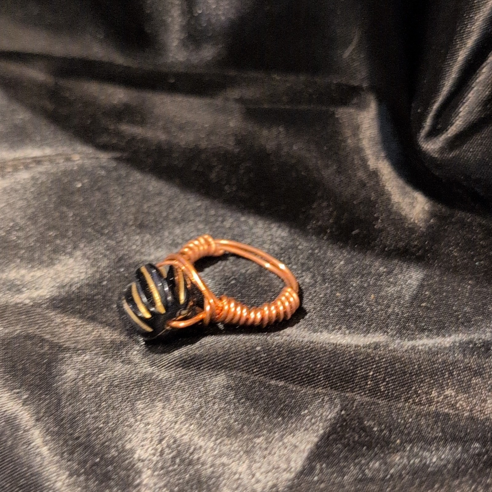 Handcrafted Copper Black Gold Round Stone Wire Wrapped Ring Size 6.5. #93