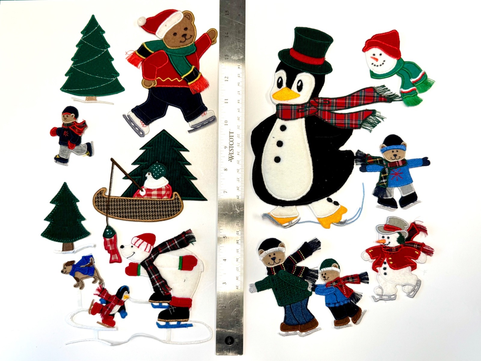 Vintage Christmas Patches Lot of 12 LARGE Ice skating Bears, snowman, Penguin